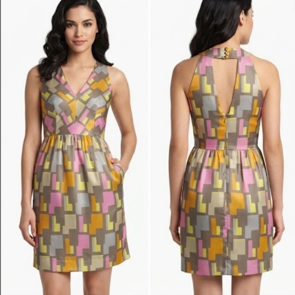 Milly of New York 1960s Style Color Block Retro Mini Geometric‎ Dress 100% Silk